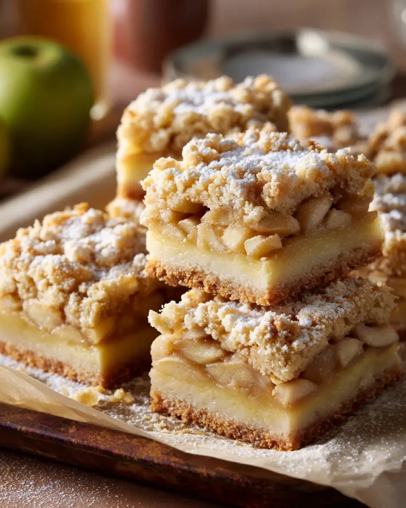 Apple Pie Bars with crumb crust, spiced apple filling, and golden topping on a tray