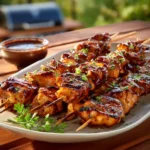 BBQ Chicken Skewers with grilled chicken pieces and glossy barbecue sauce on a serving platter
