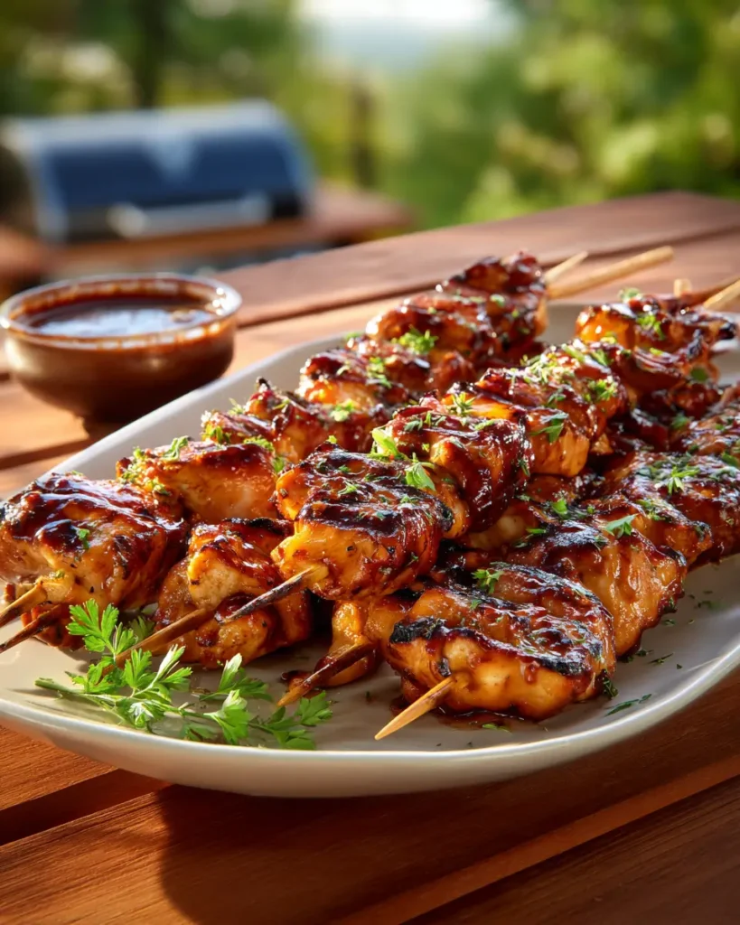 BBQ Chicken Skewers with grilled chicken pieces and glossy barbecue sauce on a serving platter