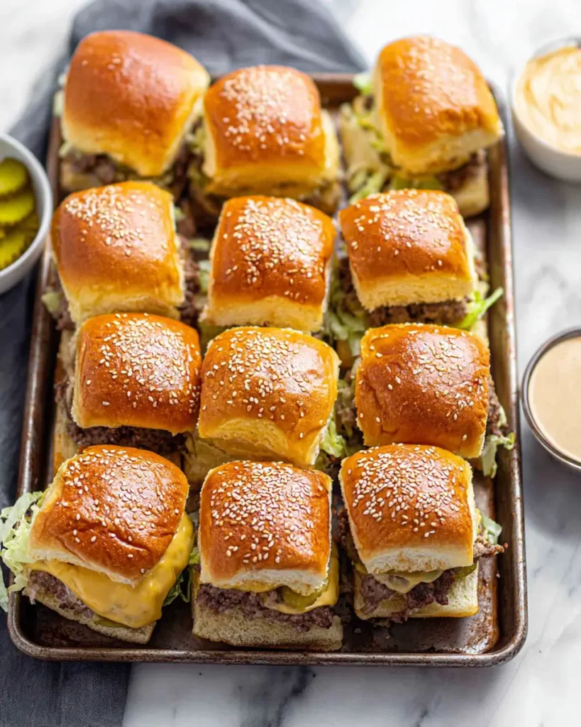 Big Mac-Style Cheeseburger Sliders with sesame buns, melted cheese, and burger sauce on a baking tray