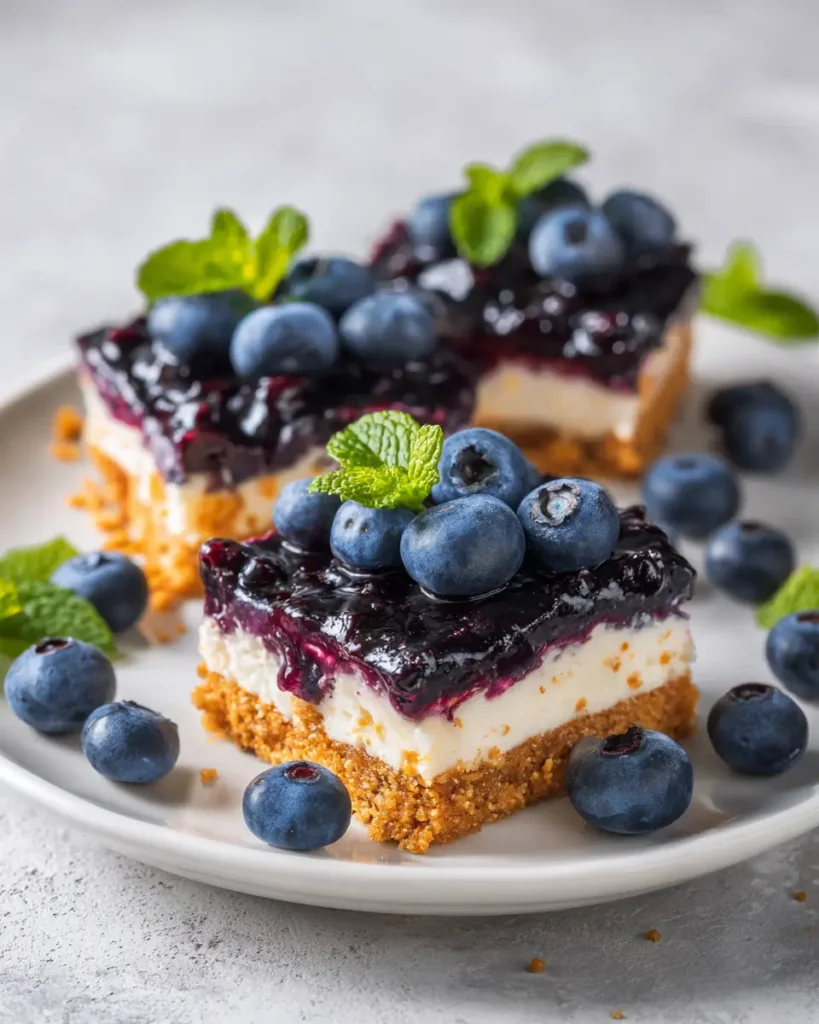 Blueberry Cheesecake Bars with graham crust, creamy filling, and blueberry topping on a plate