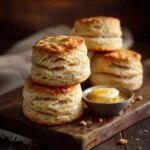 Fluffy Buttermilk Biscuits with Honey Butter 2 Buttermilk Biscuits stacked with flaky layers and honey butter on the side