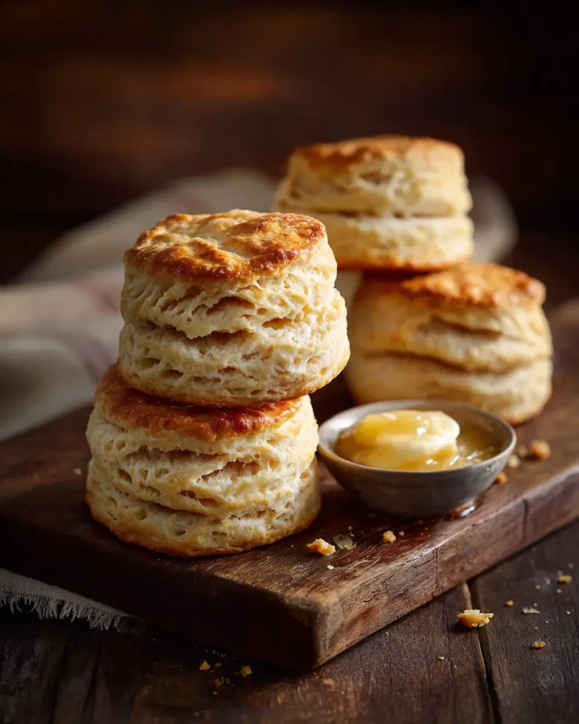 Buttermilk Biscuits stacked with flaky layers and honey butter on the side