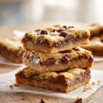 Chocolate Chip Cookie Bars stacked on parchment paper with melted chocolate chips and golden edges.