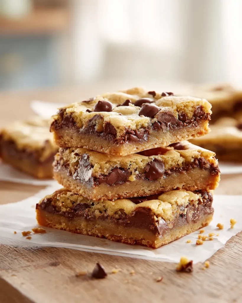 Chocolate Chip Cookie Bars stacked on parchment paper with melted chocolate chips and golden edges.