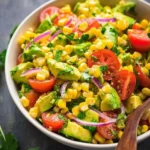 Corn avocado salad with cherry tomatoes, red onion, and fresh herbs