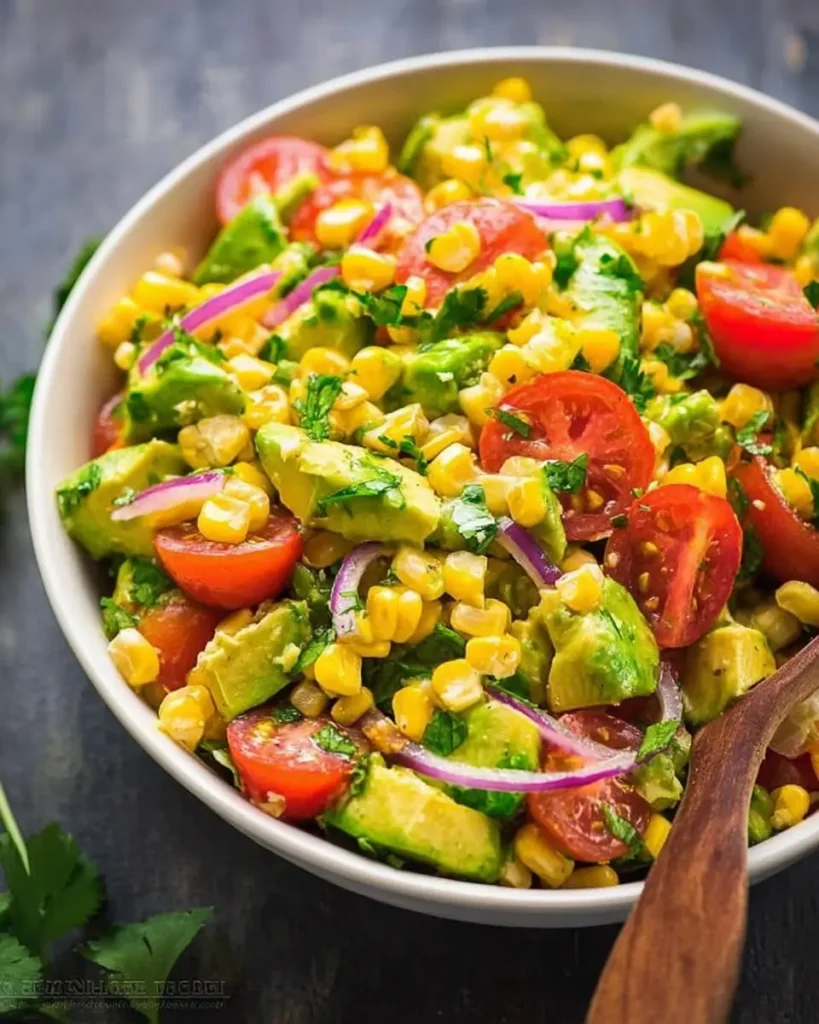 Corn avocado salad with cherry tomatoes, red onion, and fresh herbs