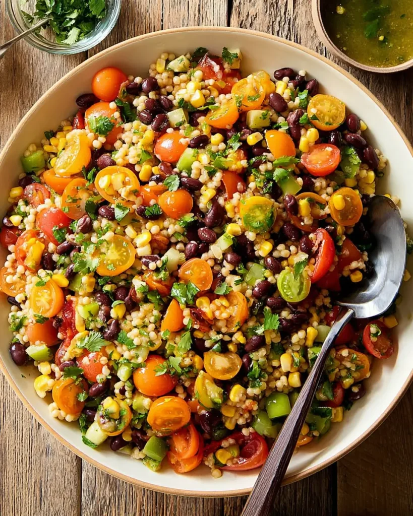 Cowboy Caviar Couscous Salad with black beans, corn, cherry tomatoes, couscous, and cilantro