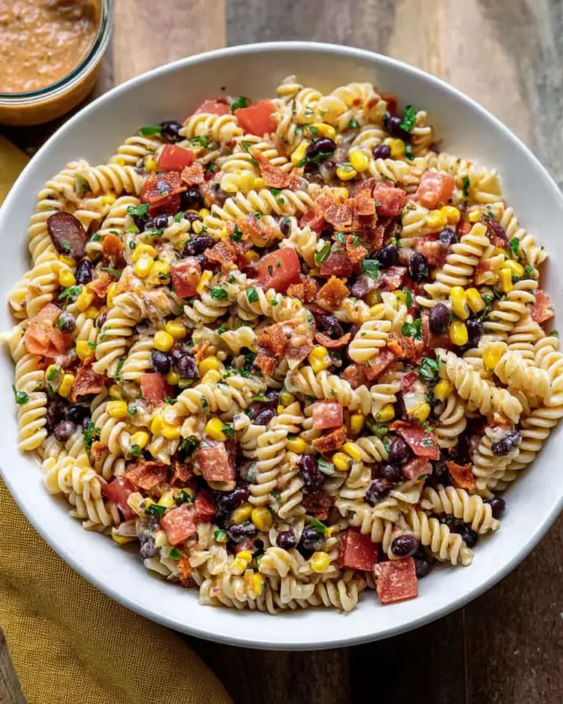 Cowboy Caviar Pasta Salad with rotini pasta, black beans, corn, tomatoes, and crispy bacon