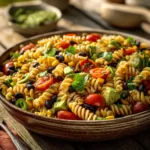 Cowboy Caviar Pasta Salad with rotini pasta, black beans, corn, tomatoes, peppers, and avocado in a serving bowl.