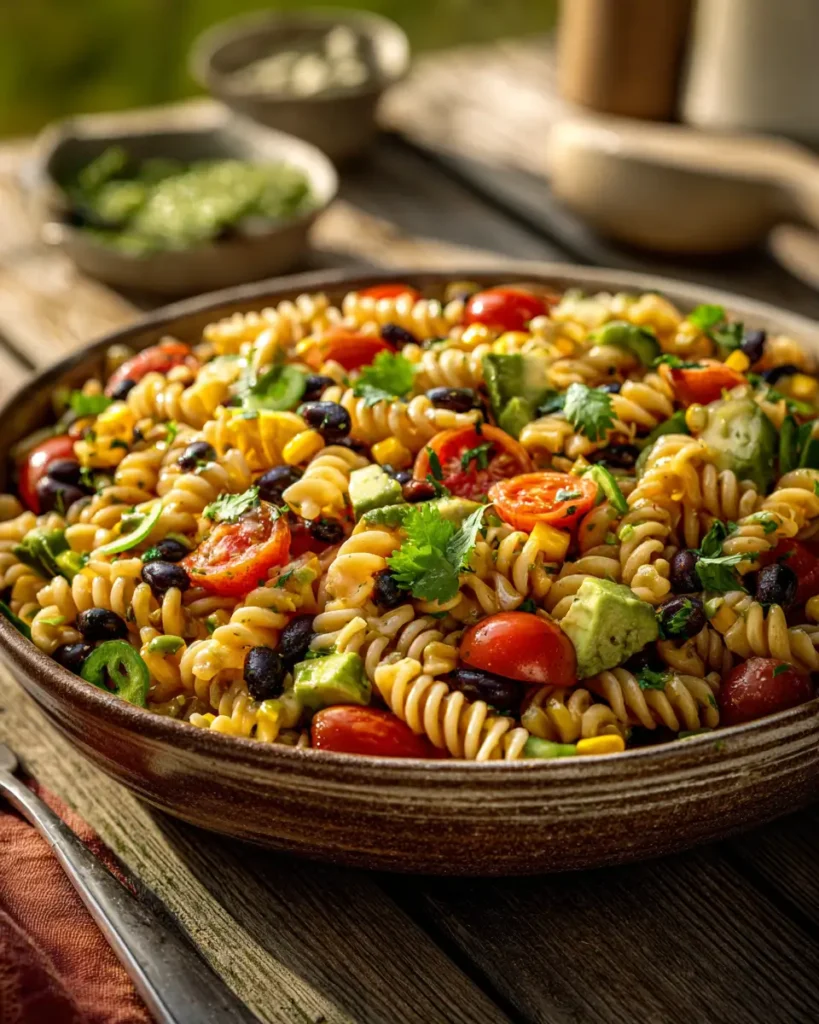 Cowboy Caviar Pasta Salad with rotini pasta, black beans, corn, tomatoes, peppers, and avocado in a serving bowl.