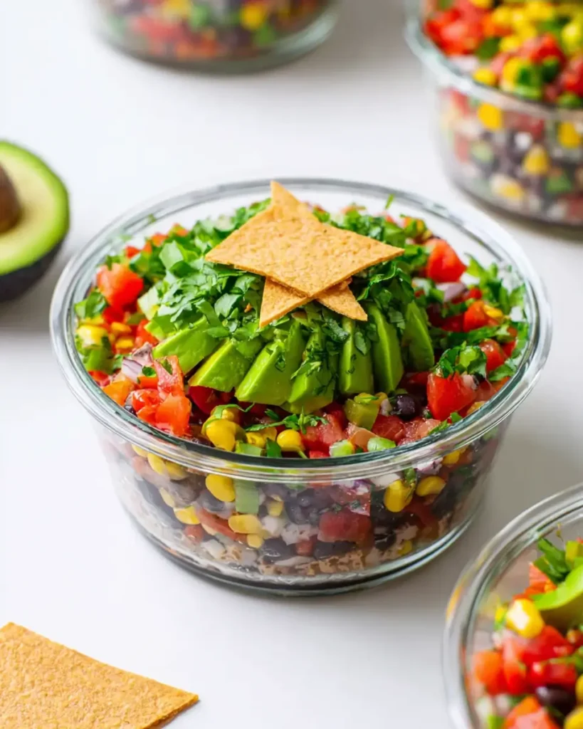 Cowboy Caviar Salad for Meal Prep with avocado, black beans, corn, tomatoes, and cilantro in glass bowls