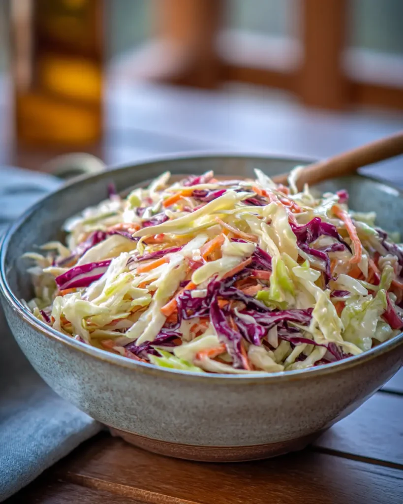 Creamy Cabbage Slaw with shredded cabbage, carrots, and dressing in a serving bowl