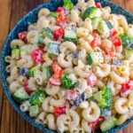 Creamy Summer Pasta Salad with macaroni, cucumbers, broccoli, tomatoes, and peppers