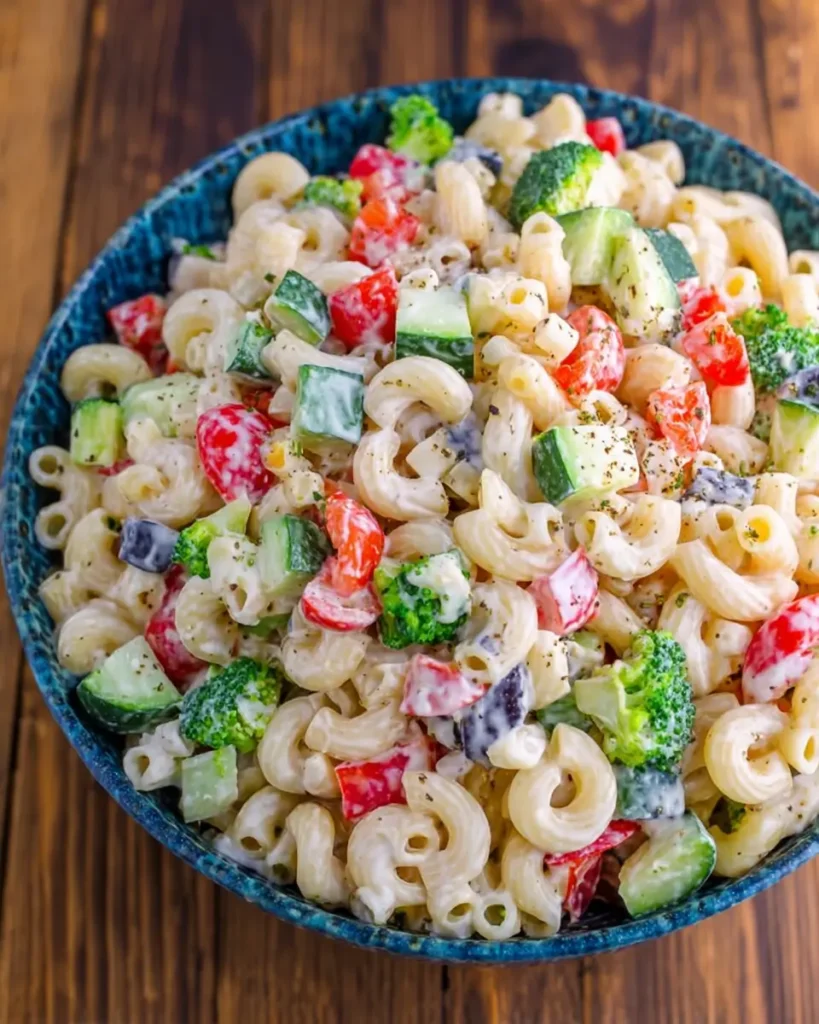 Creamy Summer Pasta Salad with macaroni, cucumbers, broccoli, tomatoes, and peppers