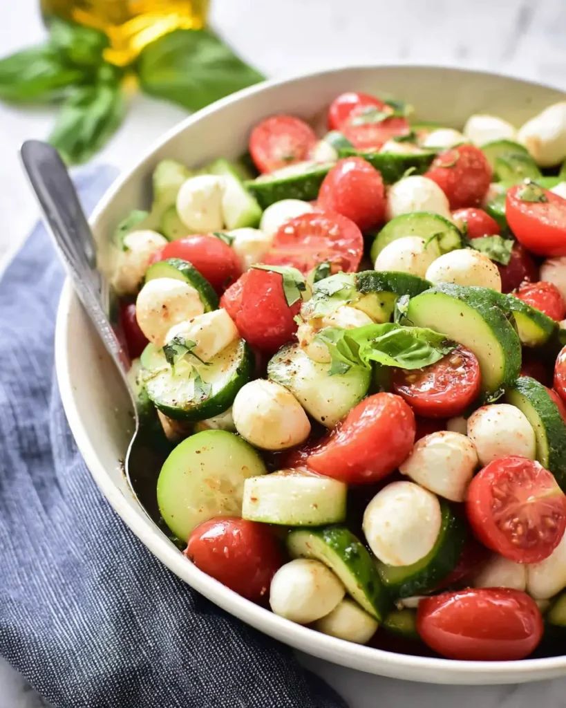 Cucumber Caprese Salad with cherry tomatoes, mozzarella balls, and fresh basil