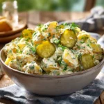 Dill Pickle Potato Salad with creamy dressing, potatoes, and chopped pickles in a serving bowl