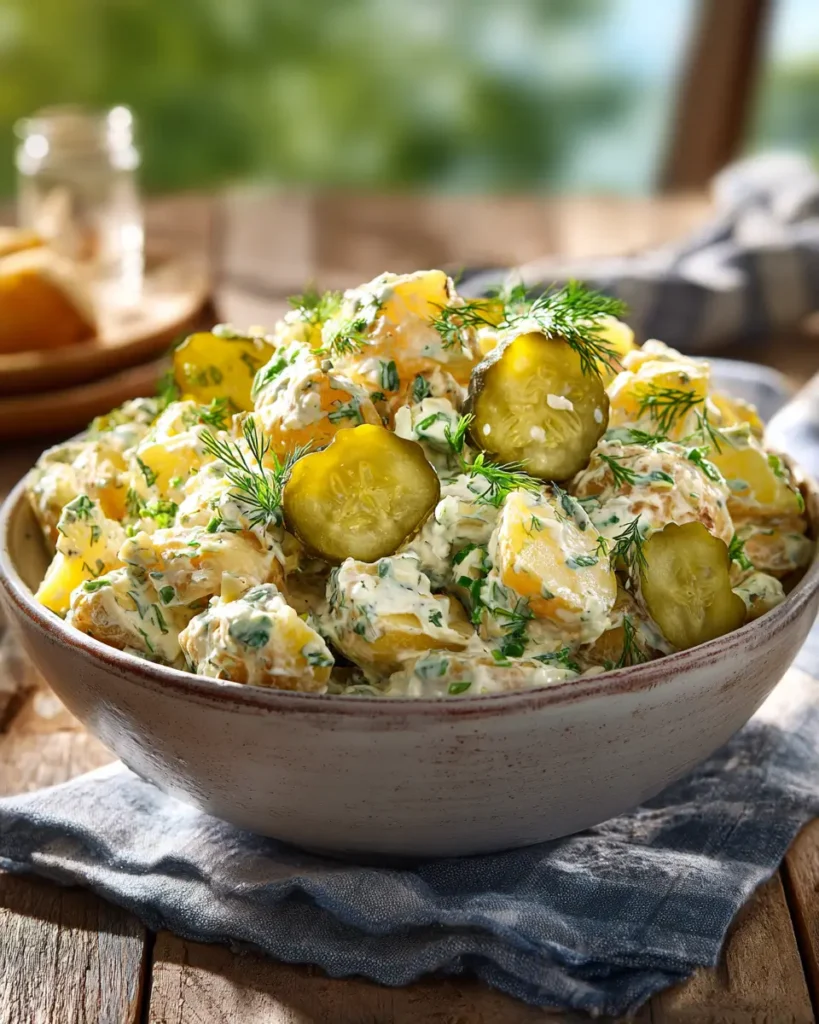 Dill Pickle Potato Salad with creamy dressing, potatoes, and chopped pickles in a serving bowl
