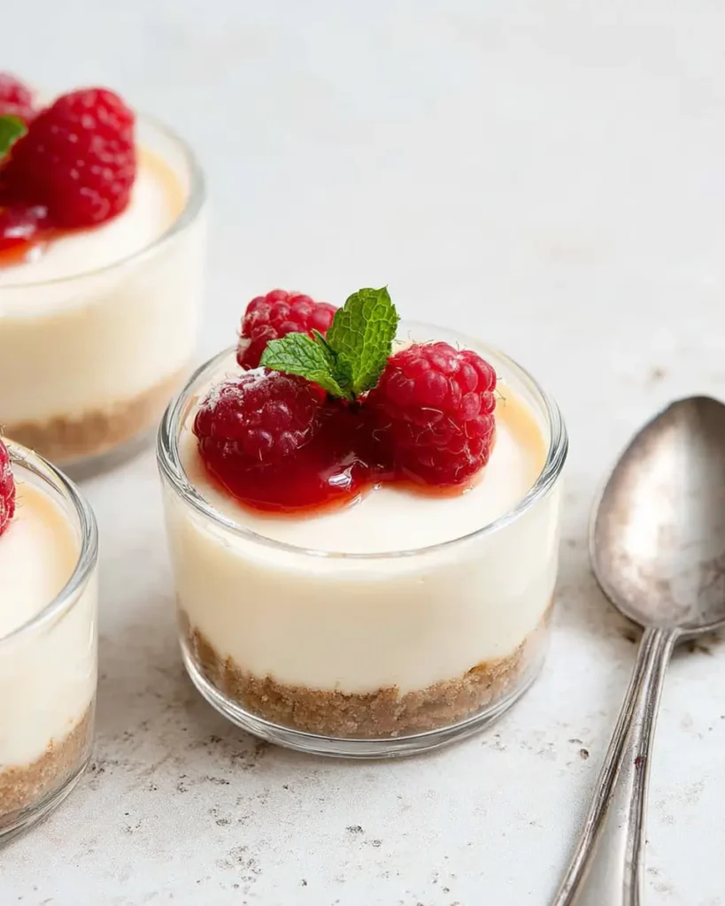 Easy Cheesecake Cups Recipe topped with raspberries and raspberry sauce in glass dessert cups