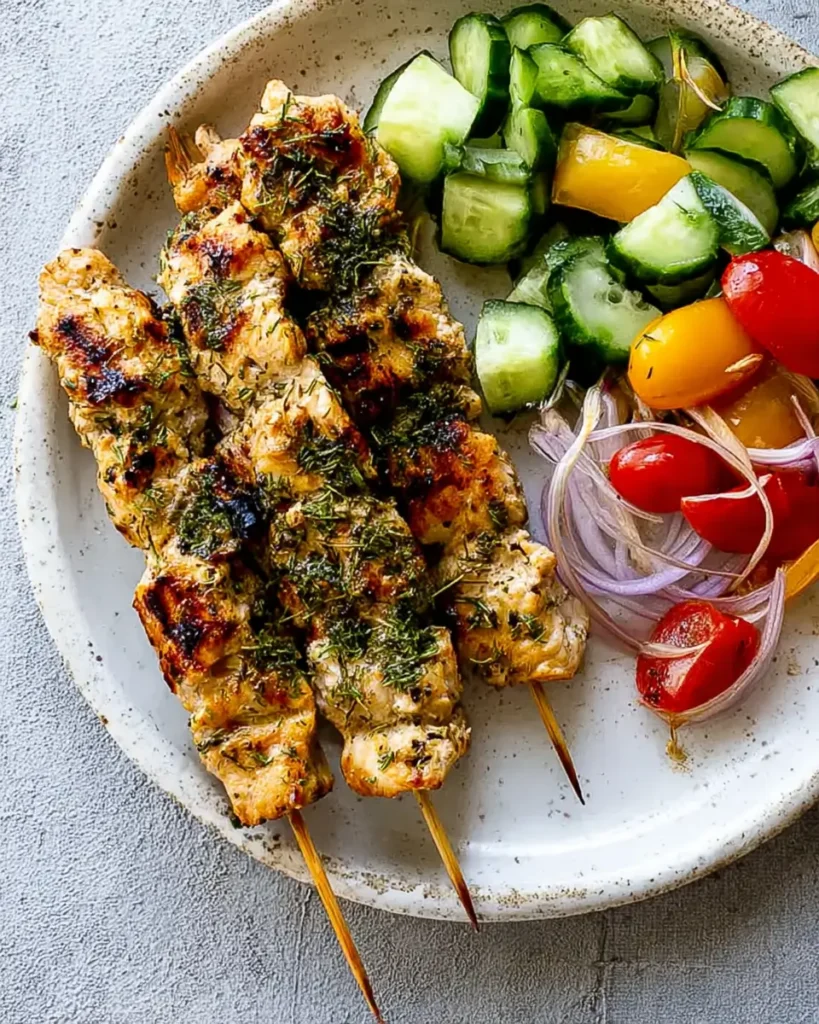 Easy Herby Lemon Skewers served with cucumber salad, cherry tomatoes, and red onions