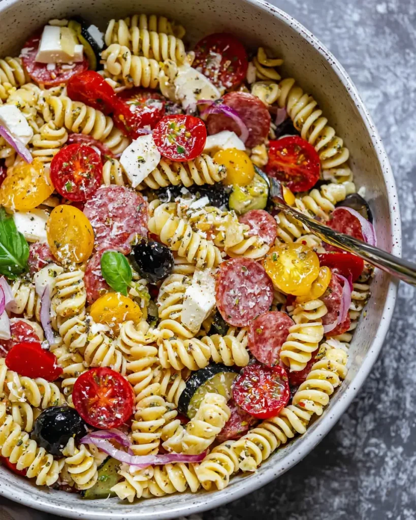 Easy Italian Pasta Salad with rotini pasta, salami, tomatoes, olives, and mozzarella