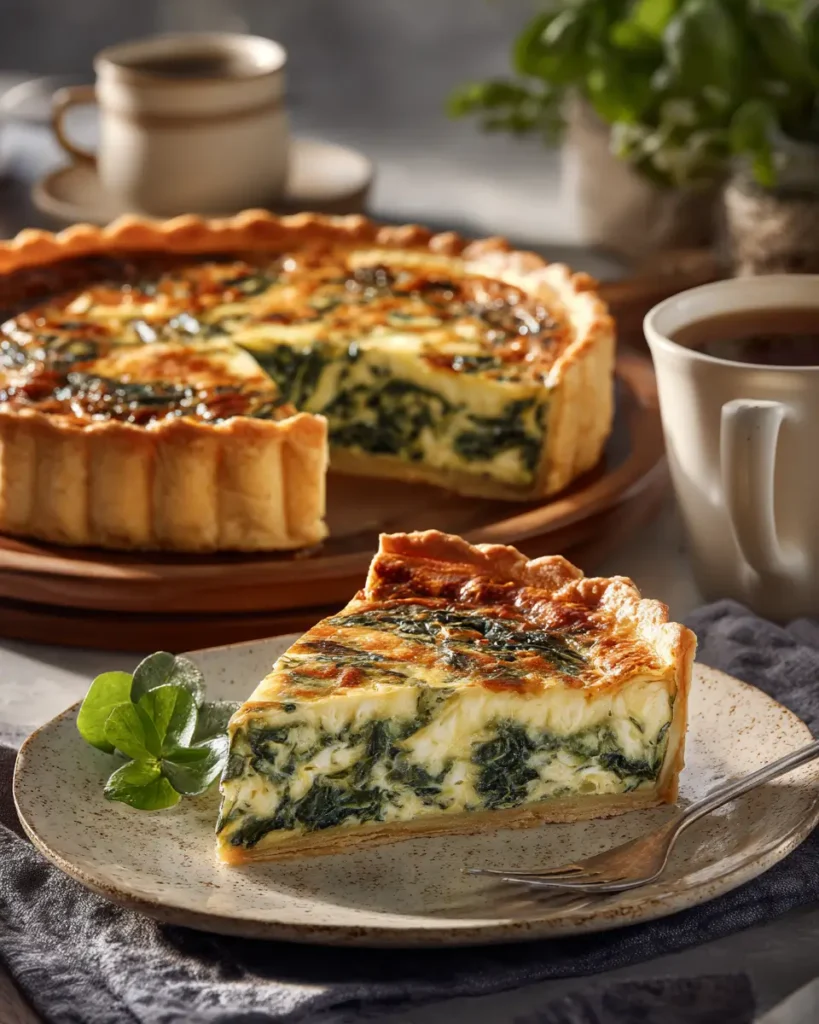 Meatless Quiche Recipe with flaky crust and creamy egg filling on a brunch table.
