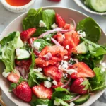 Easy Strawberry Feta Salad with spinach, cucumbers, feta cheese, and fresh strawberries