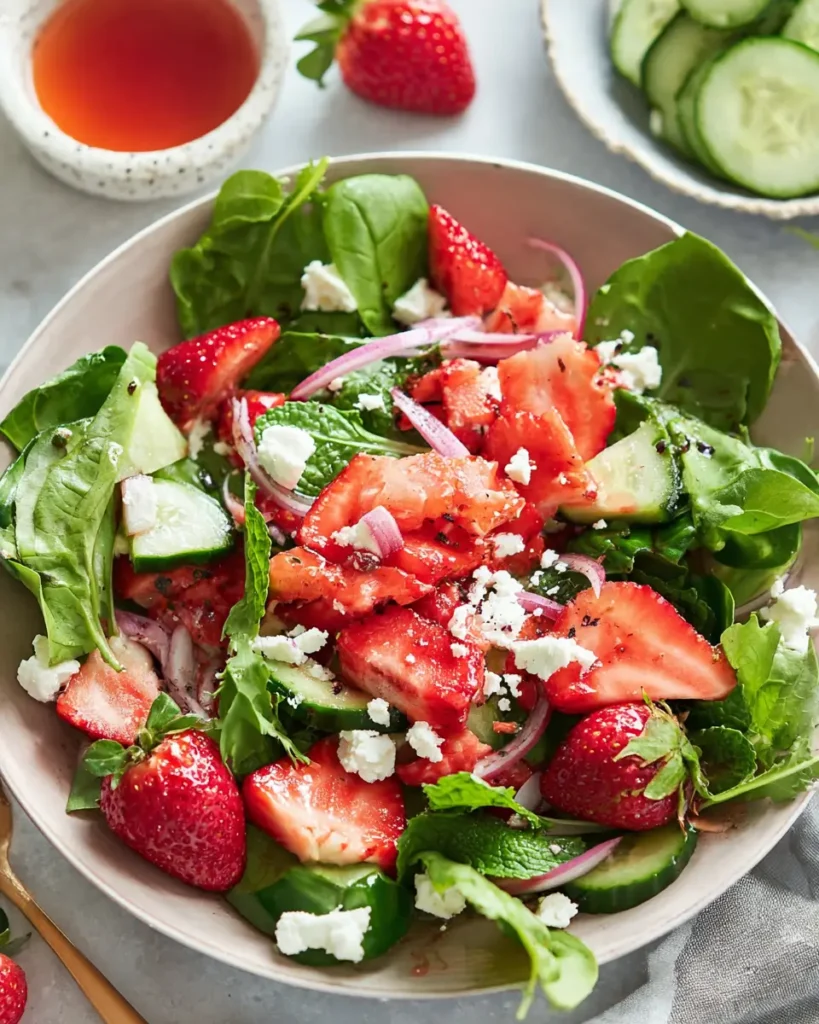 Easy Strawberry Feta Salad with spinach, cucumbers, feta cheese, and fresh strawberries