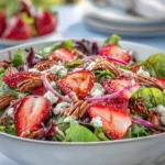 Fresh Strawberry Salad Recipe with sliced strawberries, feta cheese, pecans, and mixed greens in a serving bowl.