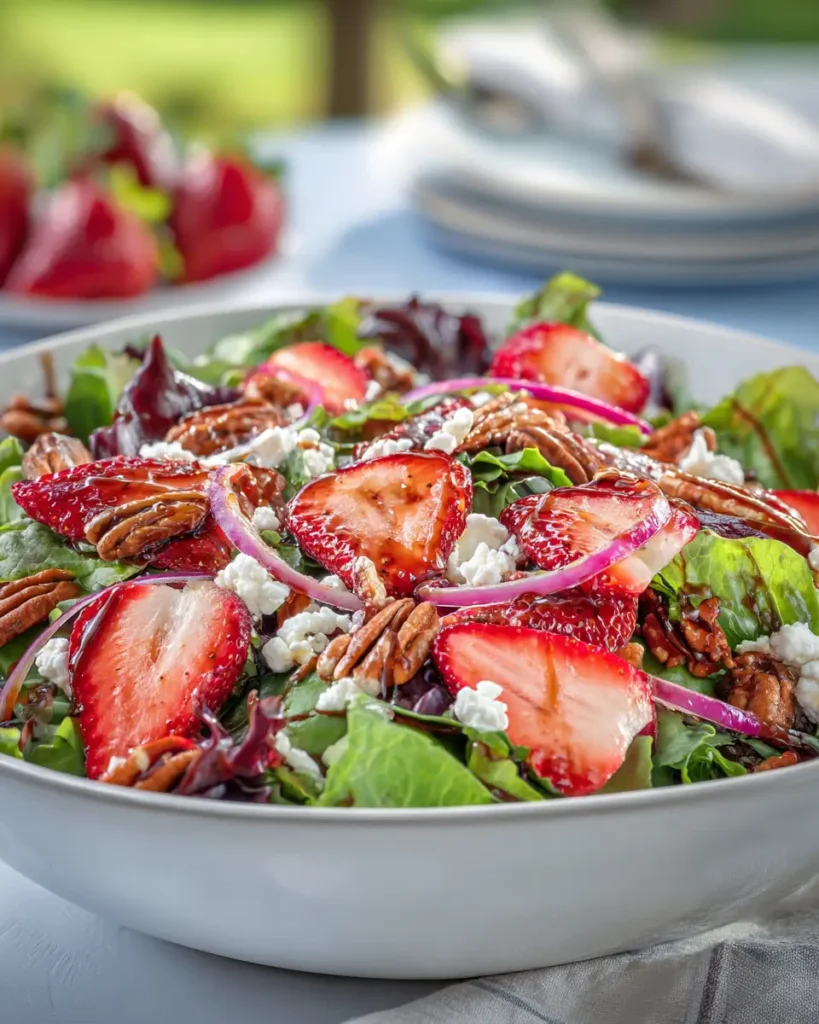 Fresh Strawberry Salad Recipe with sliced strawberries, feta cheese, pecans, and mixed greens in a serving bowl.