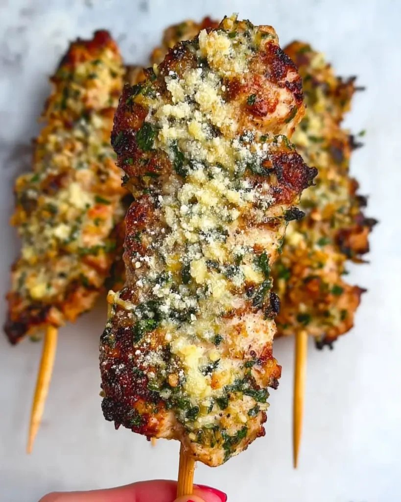 Garlic Parmesan Chicken Skewers coated with parmesan cheese and fresh herbs