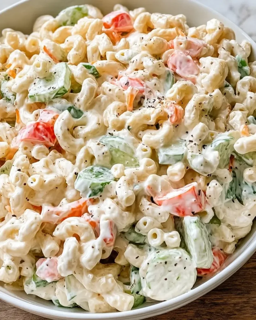 Greek Yogurt Macaroni Salad with cucumbers, bell peppers, and creamy yogurt dressing
