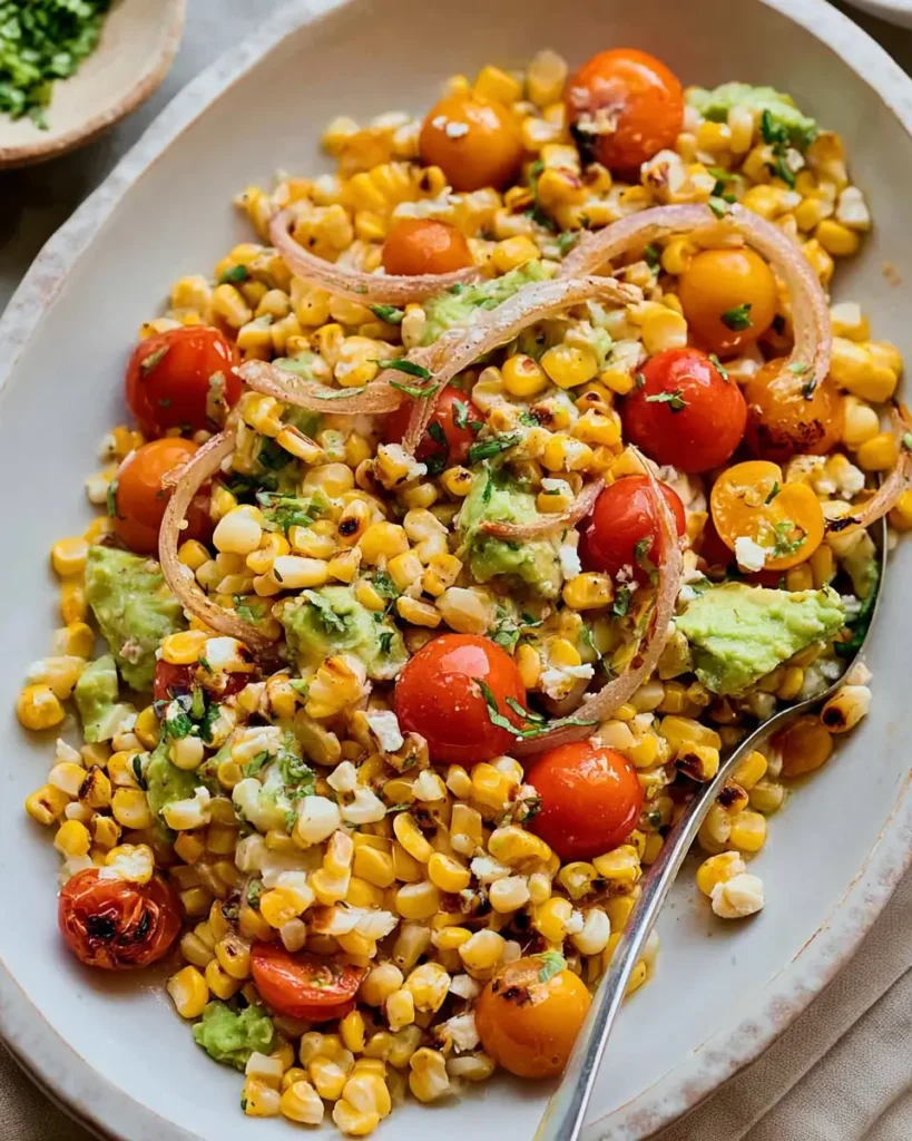 Grilled Corn Salad with avocado, cherry tomatoes, and red onion