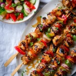 Honey Garlic Chicken Skewers glazed with sauce and served with fresh vegetable salad