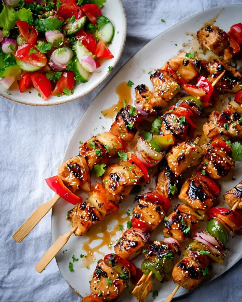 Honey Garlic Chicken Skewers glazed with sauce and served with fresh vegetable salad