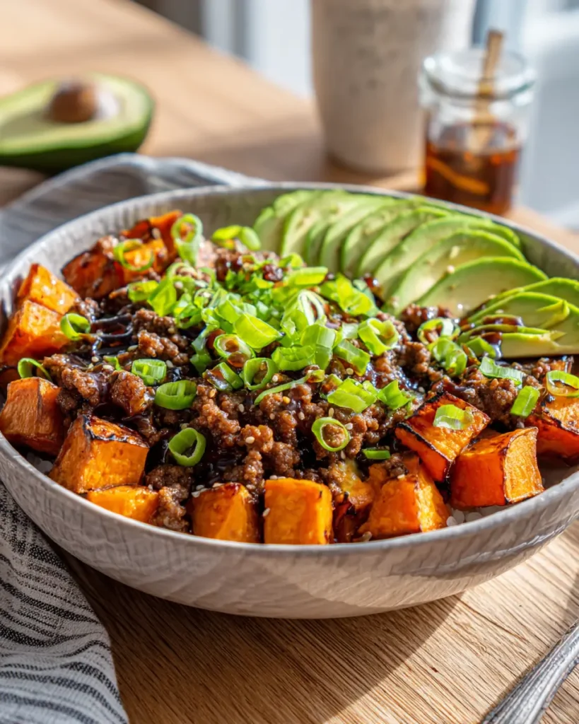 Hot Honey Sweet Potato Beef Bowl with roasted sweet potatoes, ground beef, and hot honey drizzle in a bowl