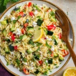 Lemon Orzo Salad with Feta, cucumber, tomatoes, herbs, and lemon slices