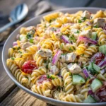Memorial Day Pasta Salad That Feeds a Crowd 2 Memorial Day Pasta Salad with chicken, vegetables, and creamy dressing in a large serving bowl