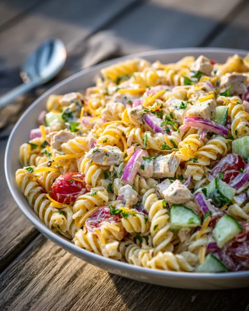 Memorial Day Pasta Salad with chicken, vegetables, and creamy dressing in a large serving bowl