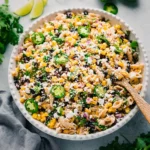 Mexican Street Corn Pasta Salad with corn, black beans, jalapeños, and cotija cheese
