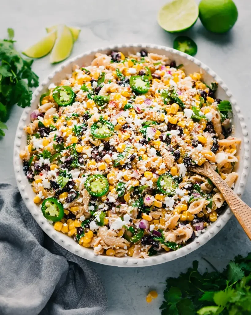 Mexican Street Corn Pasta Salad with corn, black beans, jalapeños, and cotija cheese