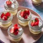 Mini Cheesecakes in Jars topped with whipped cream and fresh strawberries on a serving tray