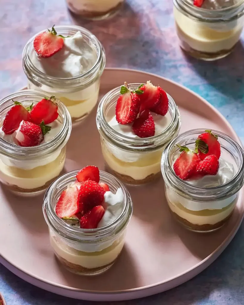 Mini Cheesecakes in Jars topped with whipped cream and fresh strawberries on a serving tray