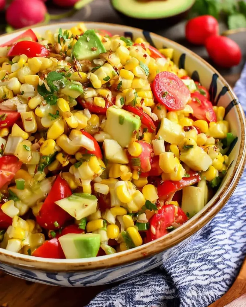 Napa Sweet Corn Salad with avocado, cherry tomatoes, and fresh corn