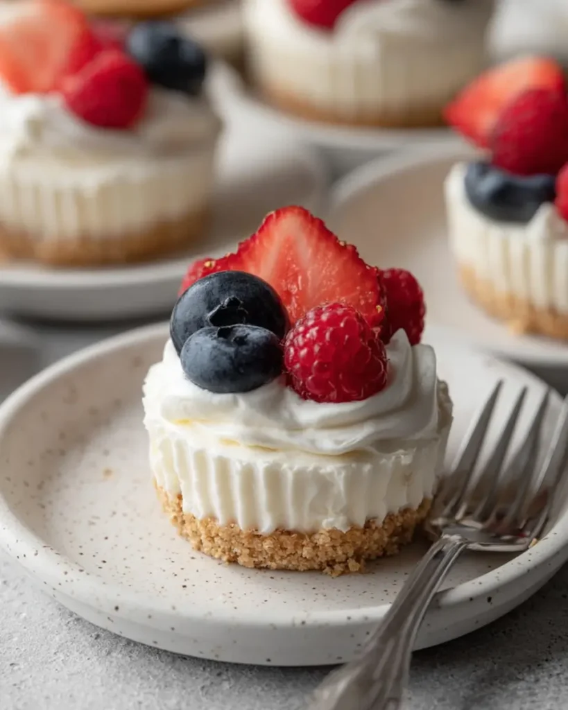 No Bake Cheesecake Cups topped with strawberries, blueberries, and raspberries on dessert plates