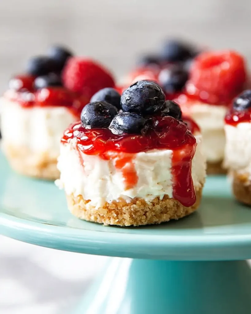 No-Bake Mini Cheesecakes topped with blueberries, raspberries, and berry sauce on a cake stand