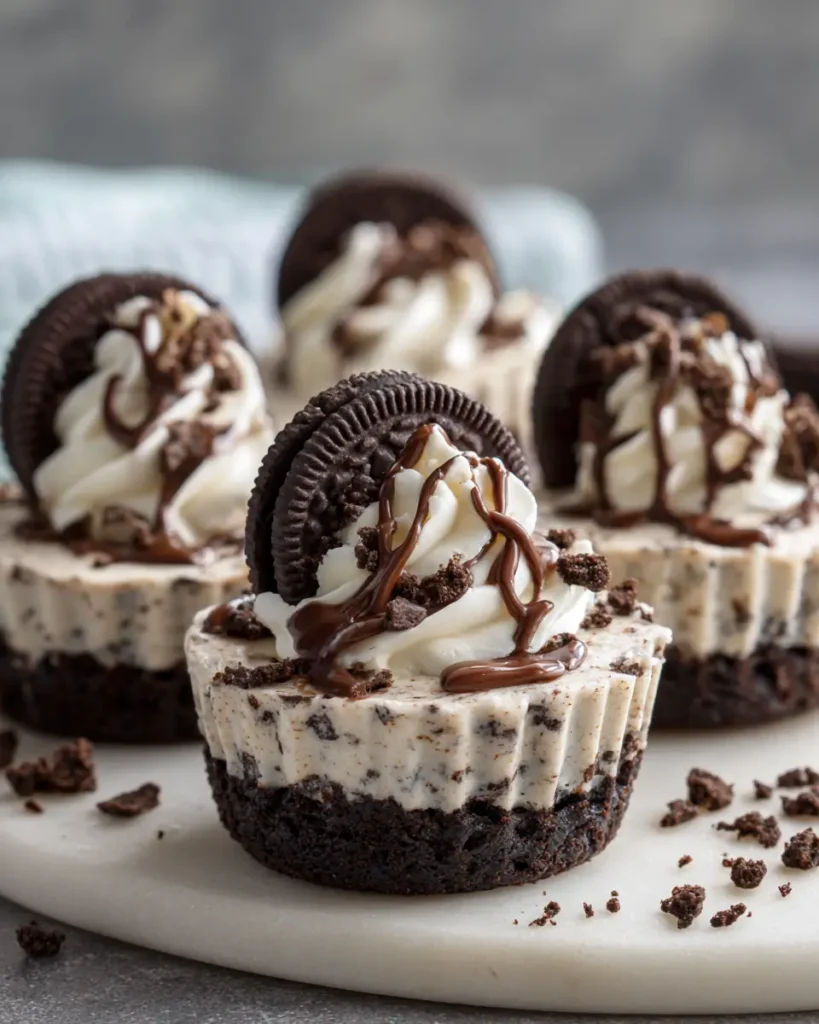No-Bake Oreo Cheesecake Cups topped with whipped cream, Oreo cookies, and chocolate drizzle