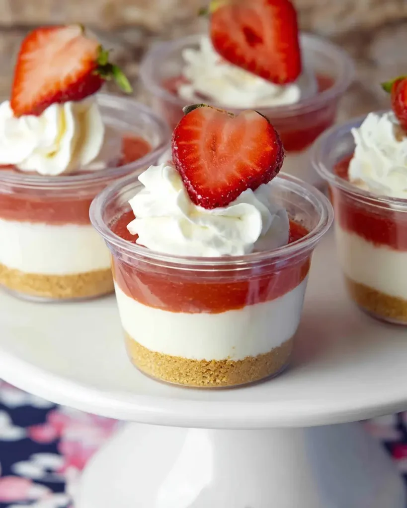 No-Bake Strawberry Cheesecake Cups layered with cheesecake filling, strawberry topping, and whipped cream
