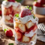 No-Bake Strawberry Shortcake Dessert Cups with strawberries, cake, and whipped cream layers in glass cups