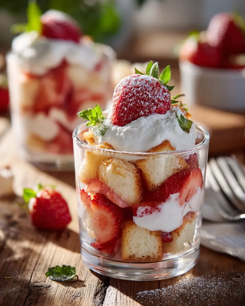 No-Bake Strawberry Shortcake Dessert Cups with strawberries, cake, and whipped cream layers in glass cups